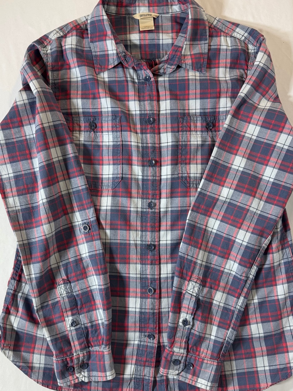 Duluth Trading Co. Women’s Large Blue/Red/White Plaid Cotton Pocket Button-Up